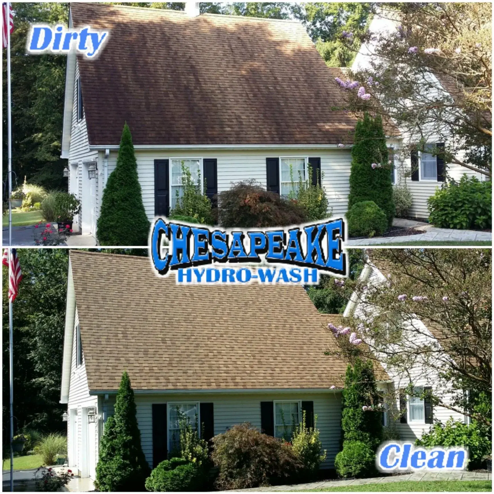 Roof before and after safe cleaning at a Maryland home